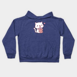 Cute White Cat Loves Drinking Boba Tea Kids Hoodie